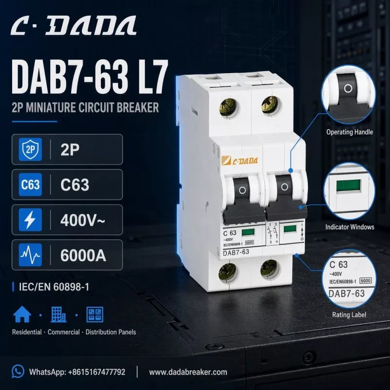DAB7-63 L7 2P MCB - ବଣ୍ଟନ ପ୍ୟାନେଲଗୁଡିକ ପାଇଁ ସଫା, କମ୍ପାକ୍ଟ ସୁରକ୍ଷା |